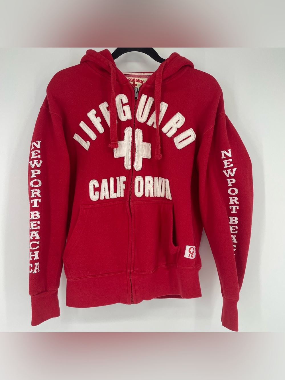LIFEGUARD Red Full Zip California Santa Monica Beach Graphic Hoodie Sz Small